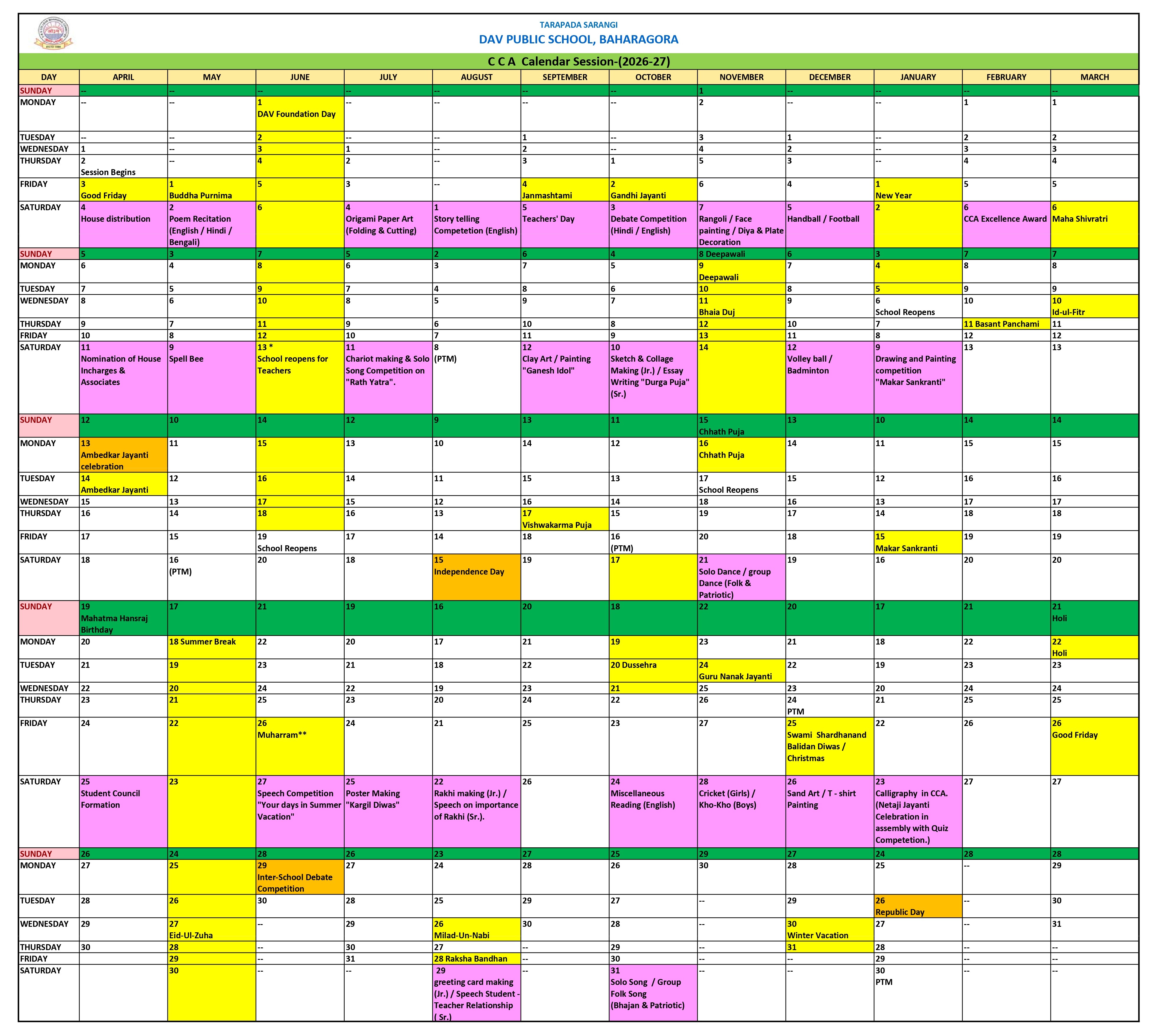 CCA Calendar 2026-27