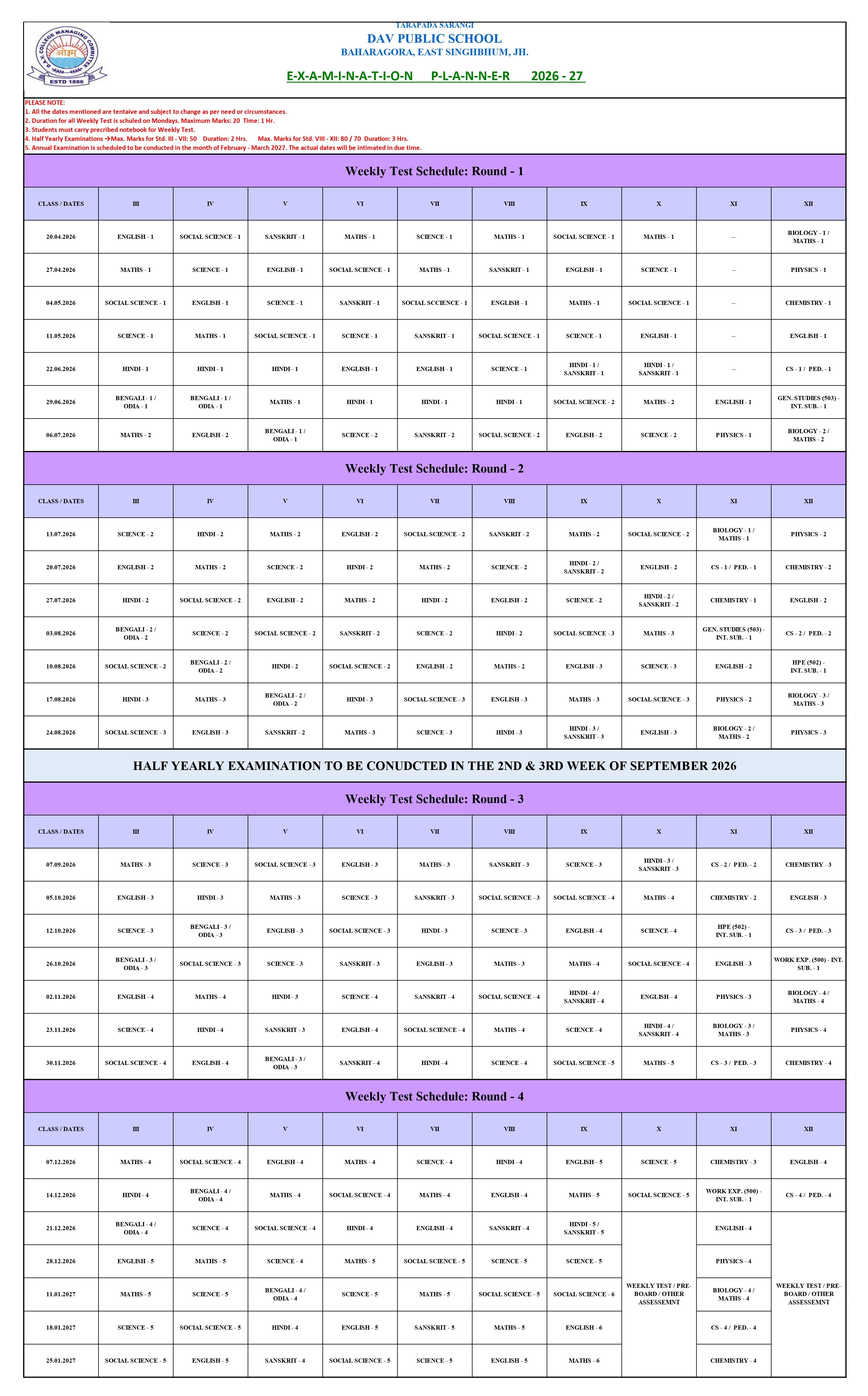 Examination Planner 2026-27