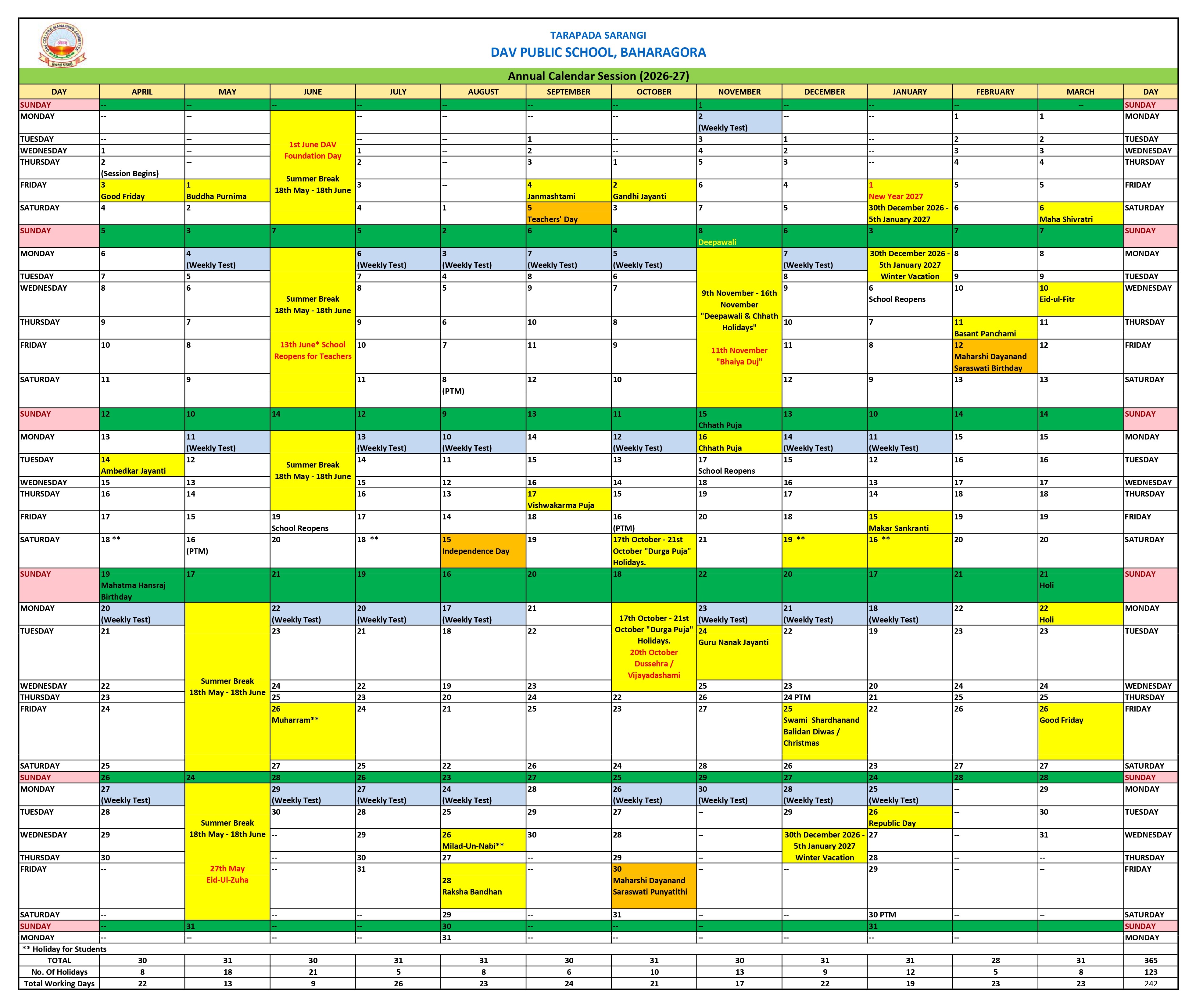 Annual Calendar 2026-27